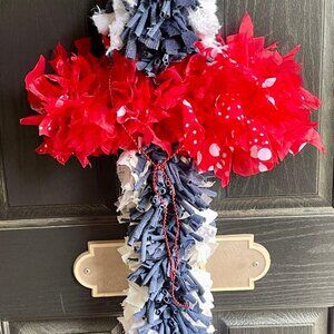 Hand Crafted Red, White & Blue CROSS Rag Wreath